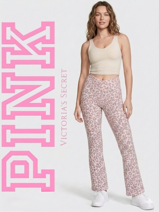 PINK Victoria's Secret Pants - VS PINK Pink Leopard Print V Crossover Waist Flare Pants Size Large
